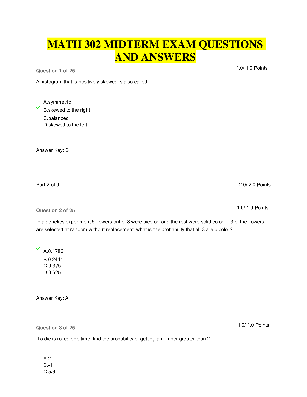 Preview of MATH 302 Midterm Exam Questions and Answers 2021